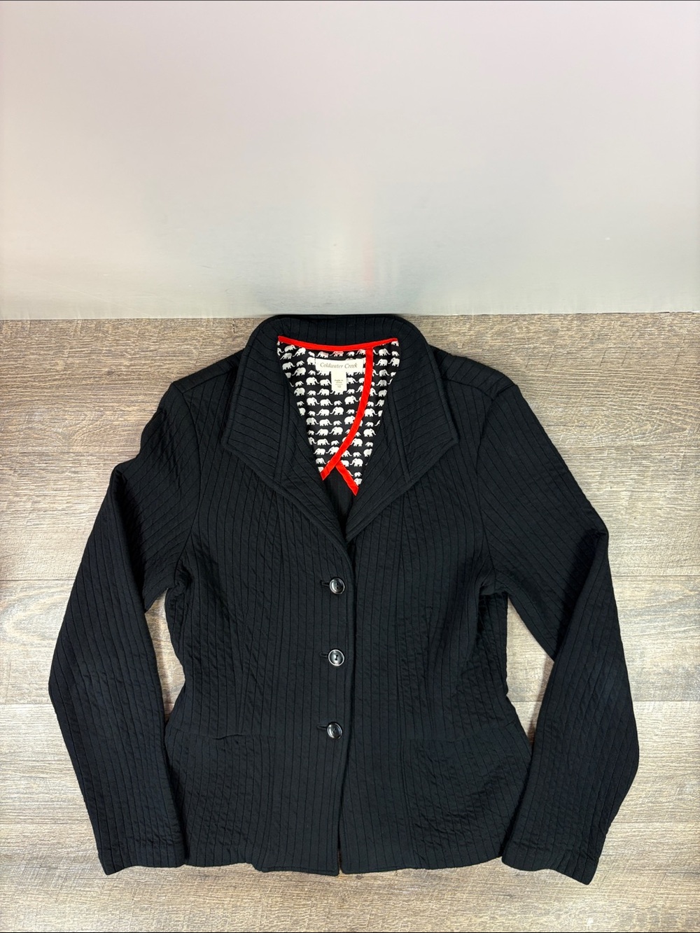 Coldwater Creek Quilted Black Jacket Blazer Elephant Print Lining Size 10